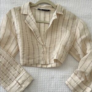 Zara Beige Striped Button Down Cropped top Sz XS